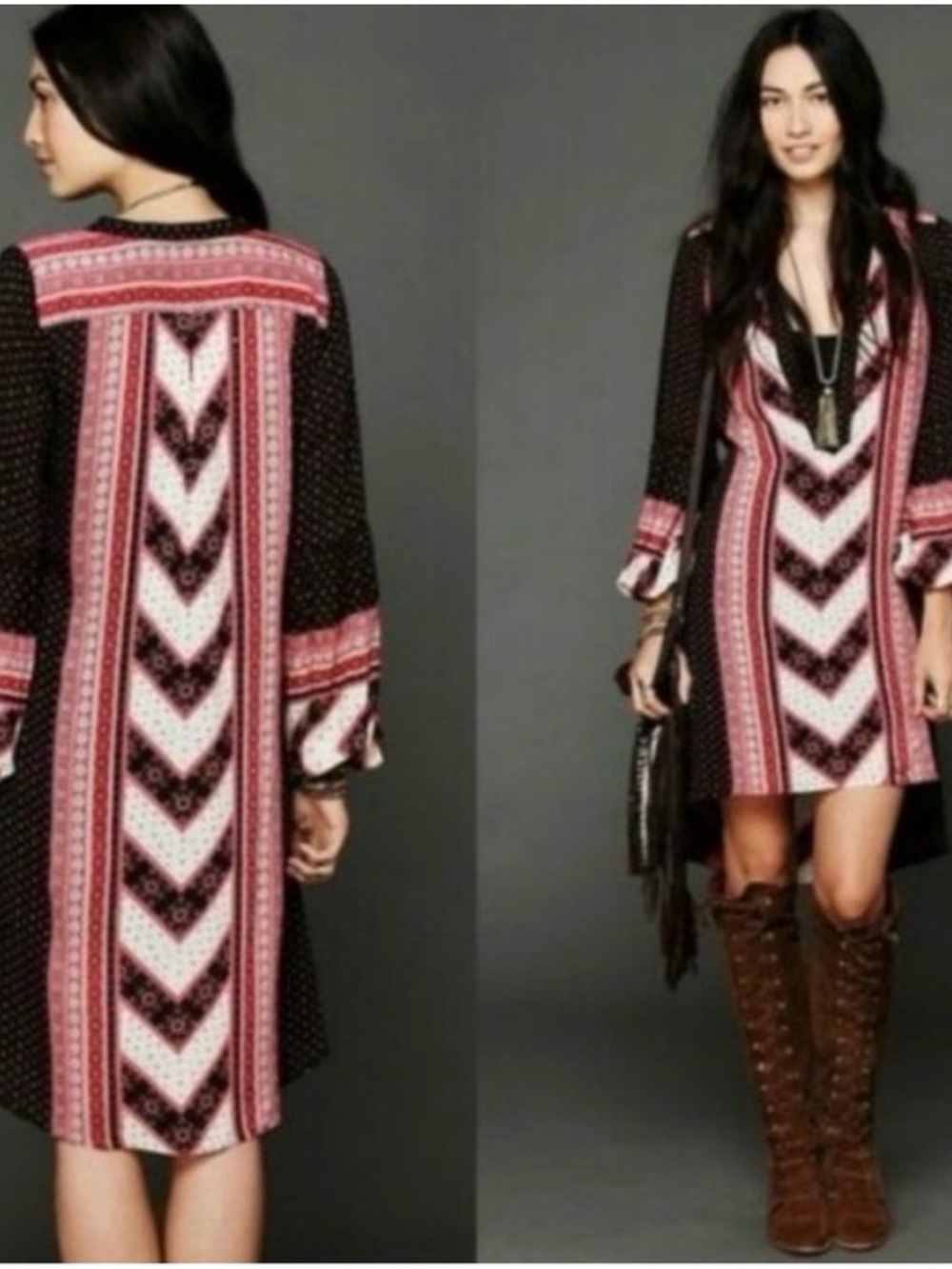 Free People Boho Chevron Print V-Neck Mini Dress in red and Black small